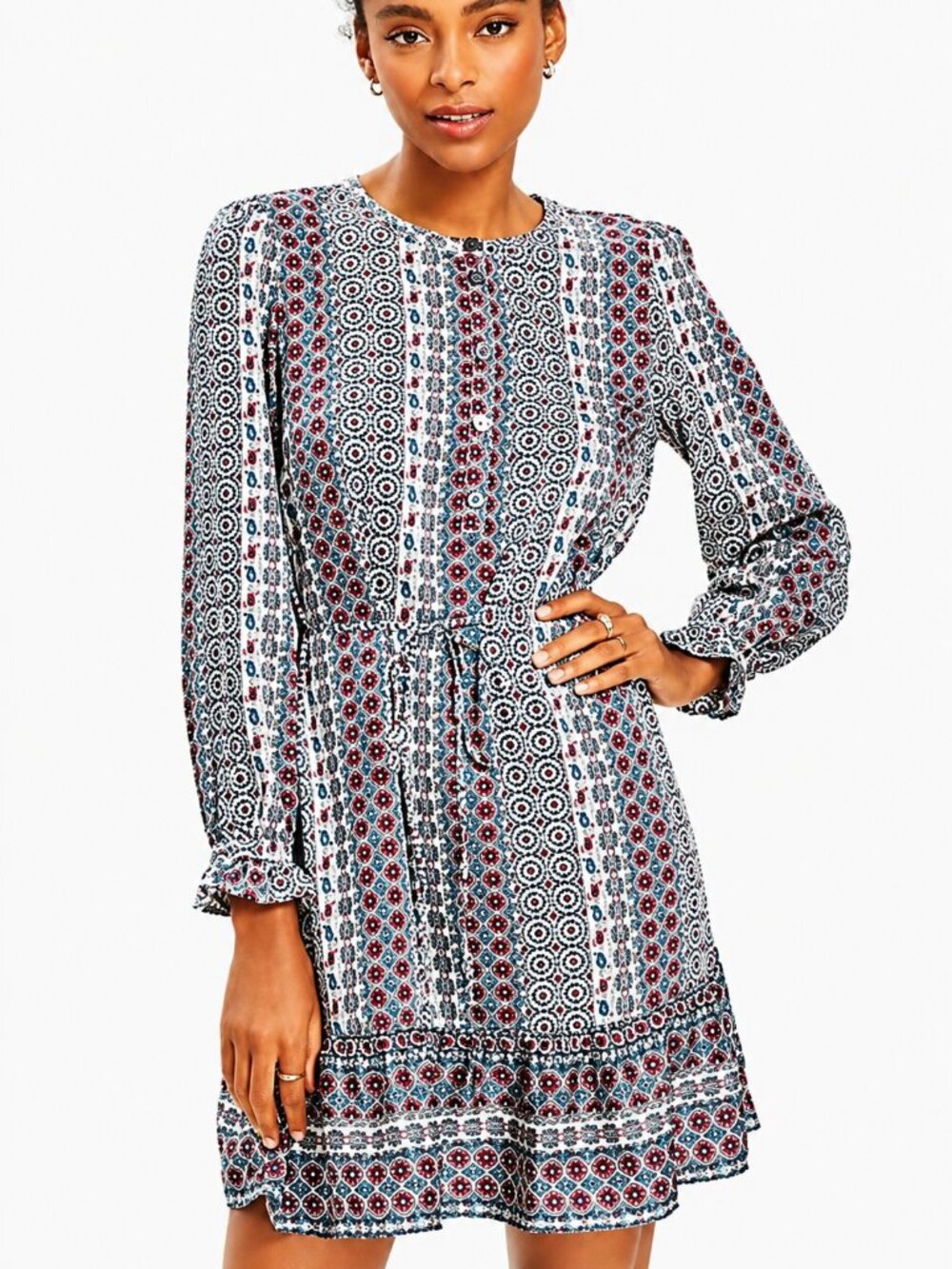 LOFT Long-Sleeve Printed Dress Size Medium Tile Print LW